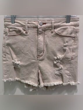 High-Rise Cream Distressed Denim Shorts